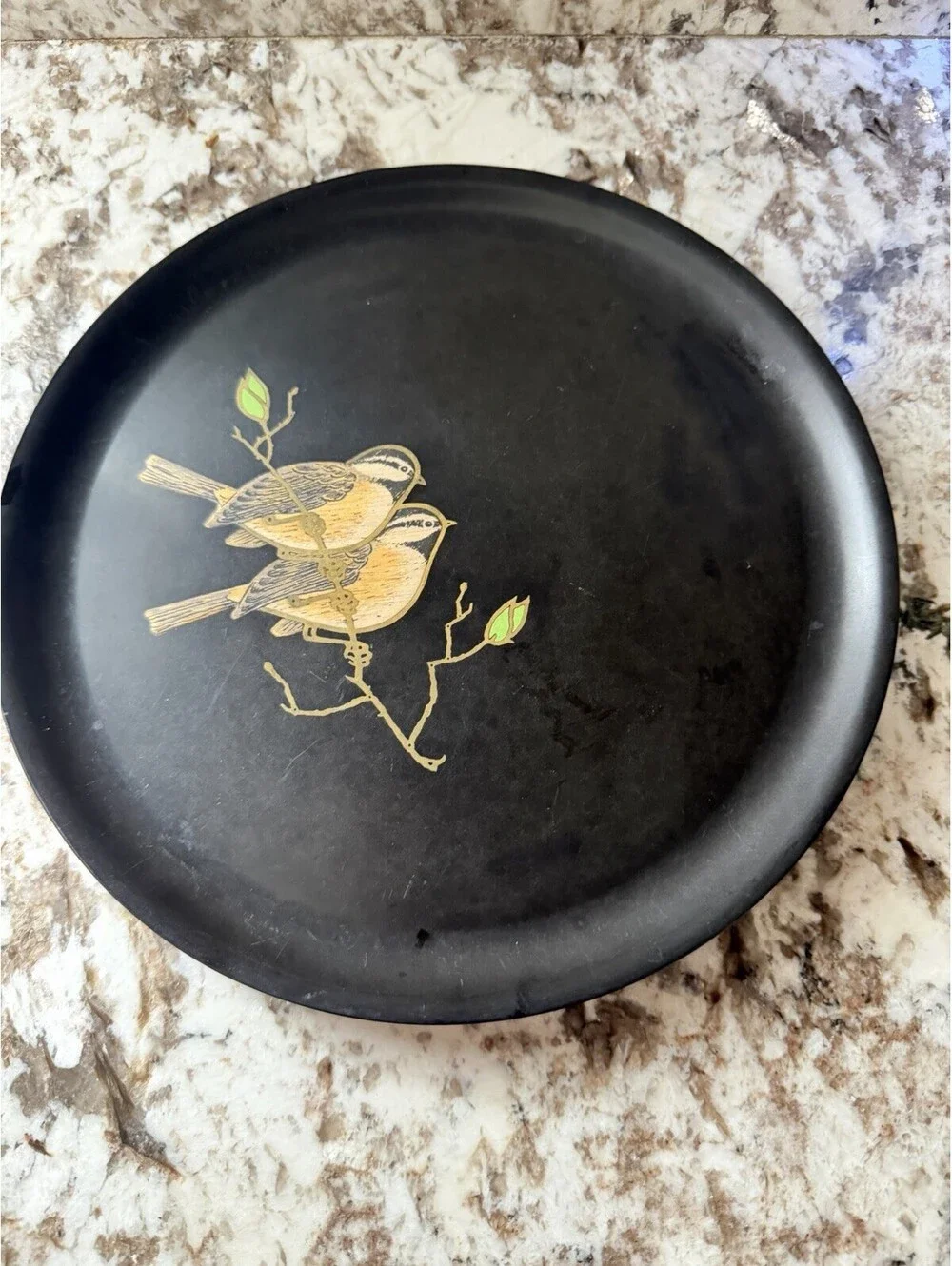 Vintage Couroc Monterey California Round Tray Chickadees on Branch MCM